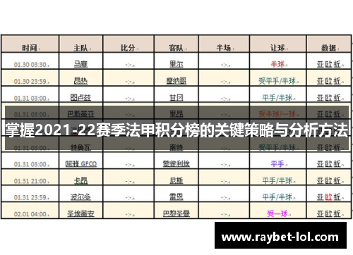 掌握2021-22赛季法甲积分榜的关键策略与分析方法