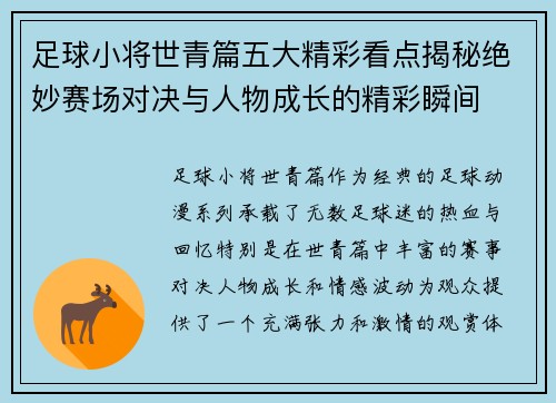 足球小将世青篇五大精彩看点揭秘绝妙赛场对决与人物成长的精彩瞬间